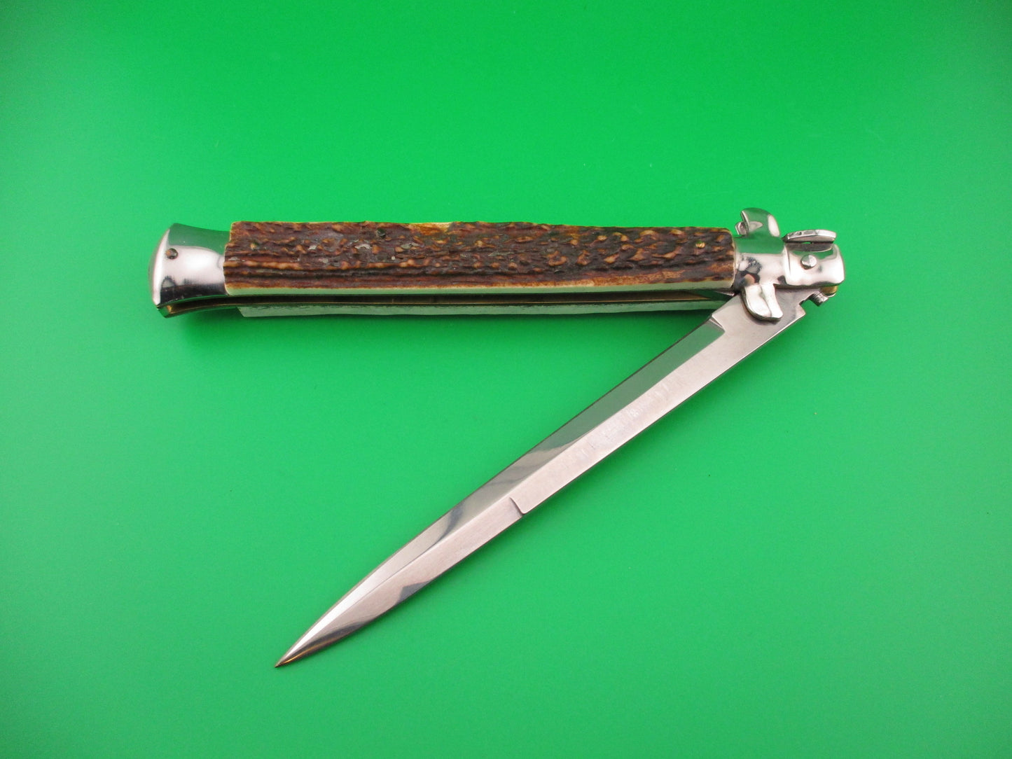 FRANK B 33cm Italian Stiletto Bayonet Stag swivel bolster automatic knife