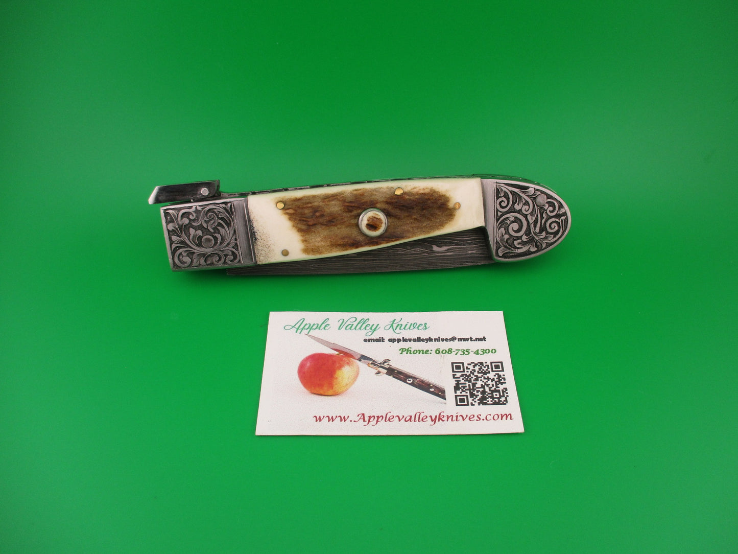 Custom 27cm Damascus & Stag Engraved bolsters Fulcrum release hand made automatic knife