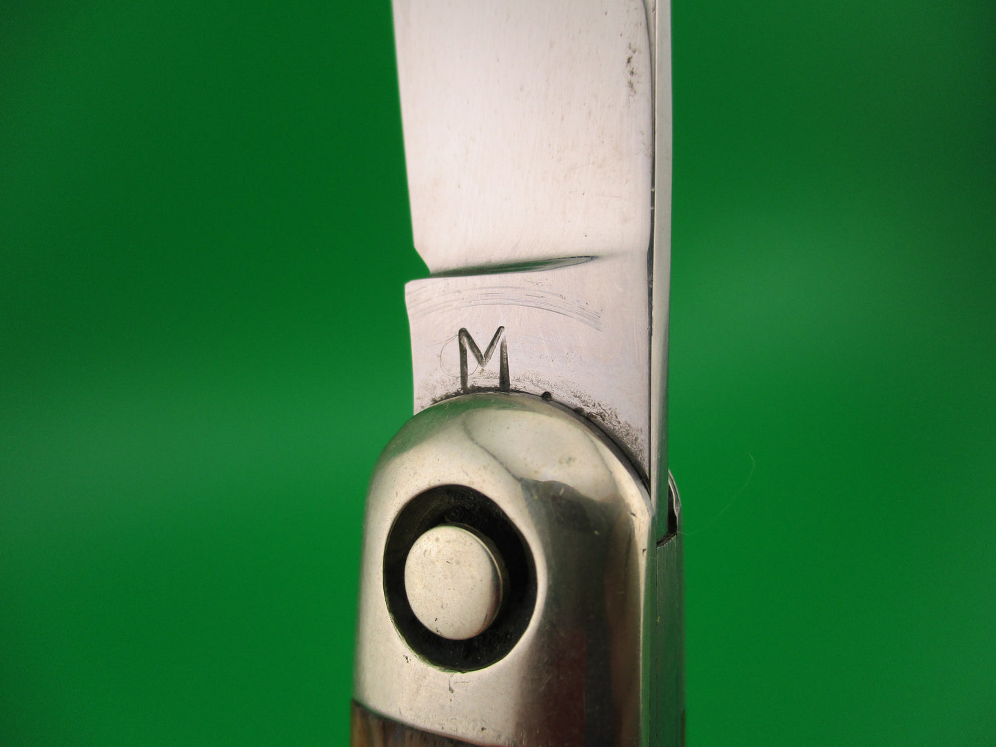 PRESS BUTTON KNIFE CO "M" Invincible antique automatic knife w Custom blade