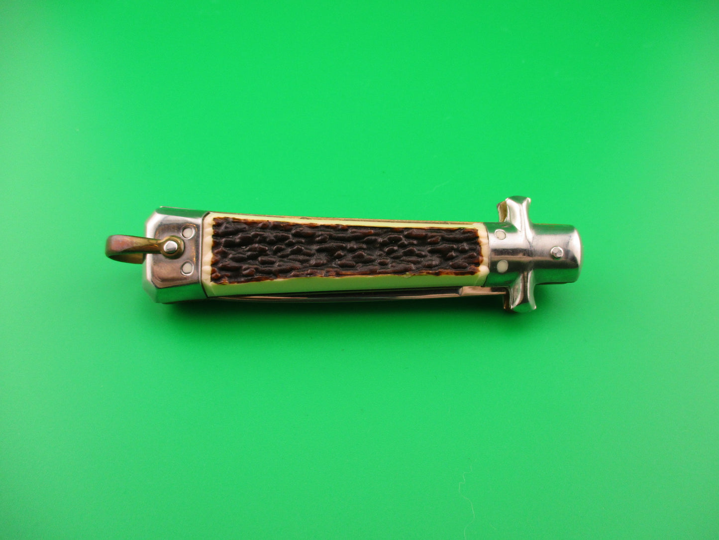 BARGEON INOX 19cm French Crossguard Imitation Stag automatic knife w lanyard ring