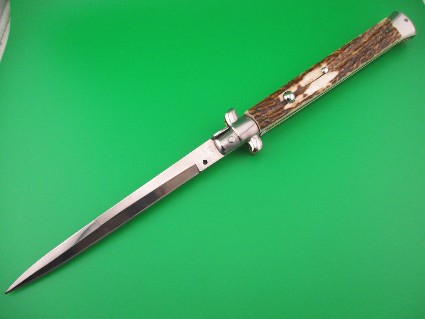 FRANK B 33cm Italian Stiletto Bayonet Stag swivel bolster automatic knife