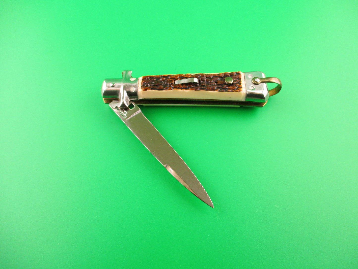 BARGEON INOX 19cm French Crossguard Imitation Stag automatic knife w lanyard ring