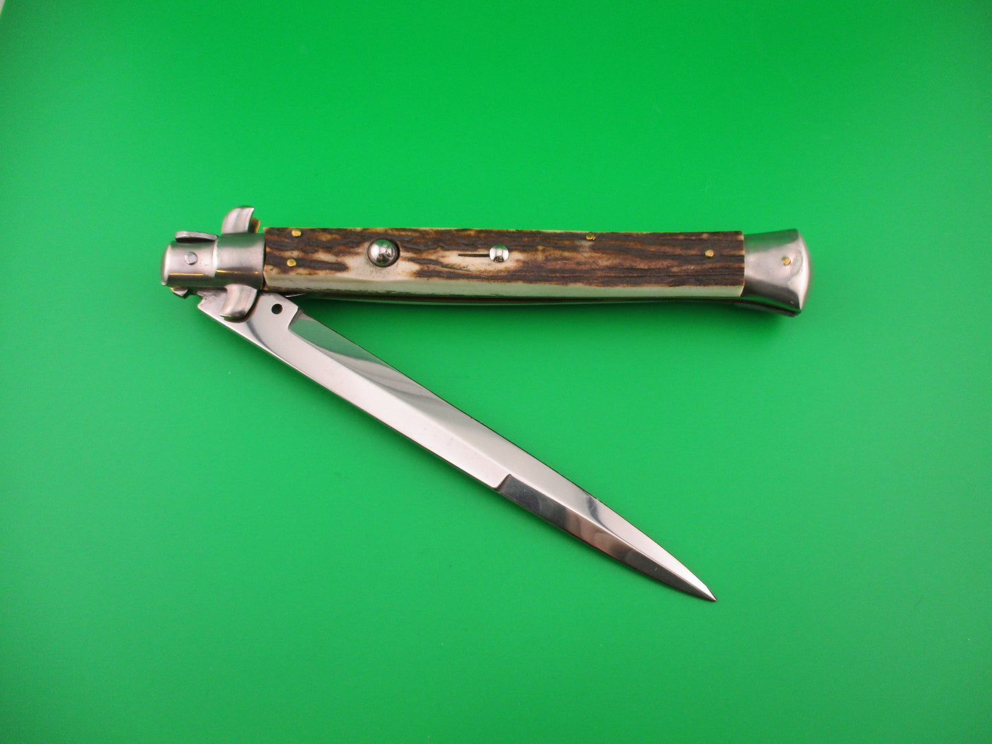 MANIAGO ITALY 33cm Quality Italian Stiletto Stag swivel nickel silver bolsters automatic knife