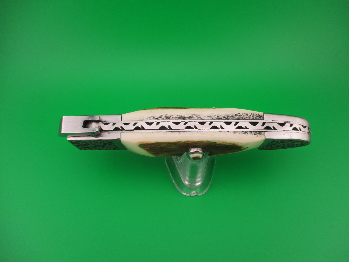 Custom 27cm Damascus & Stag Engraved bolsters Fulcrum release hand made automatic knife