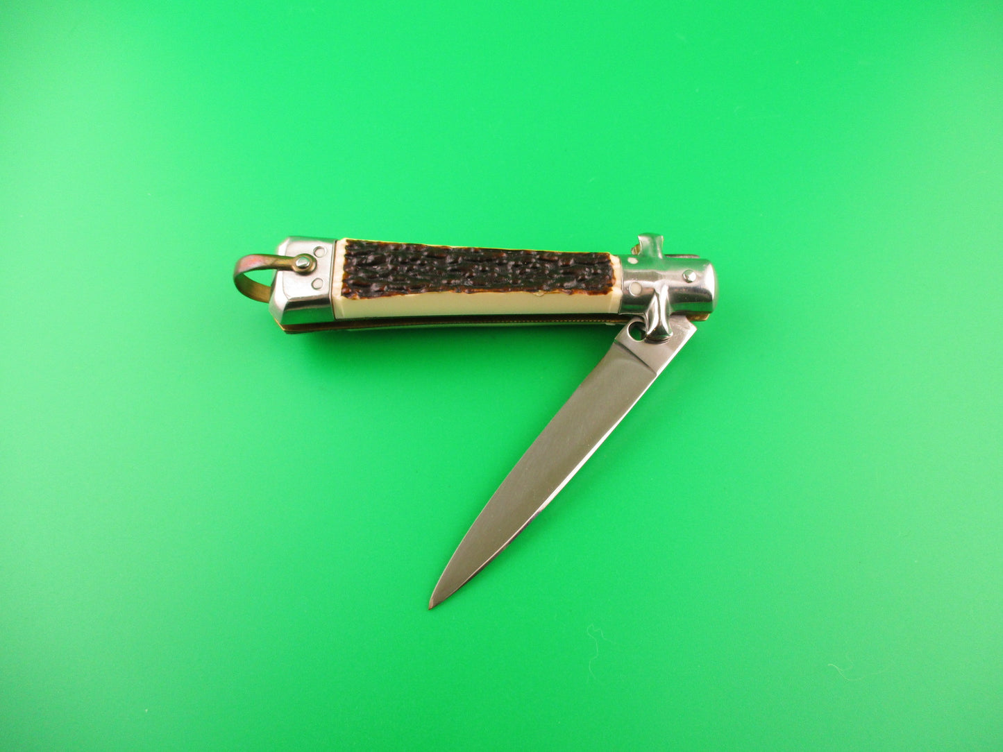 BARGEON INOX 19cm French Crossguard Imitation Stag automatic knife w lanyard ring