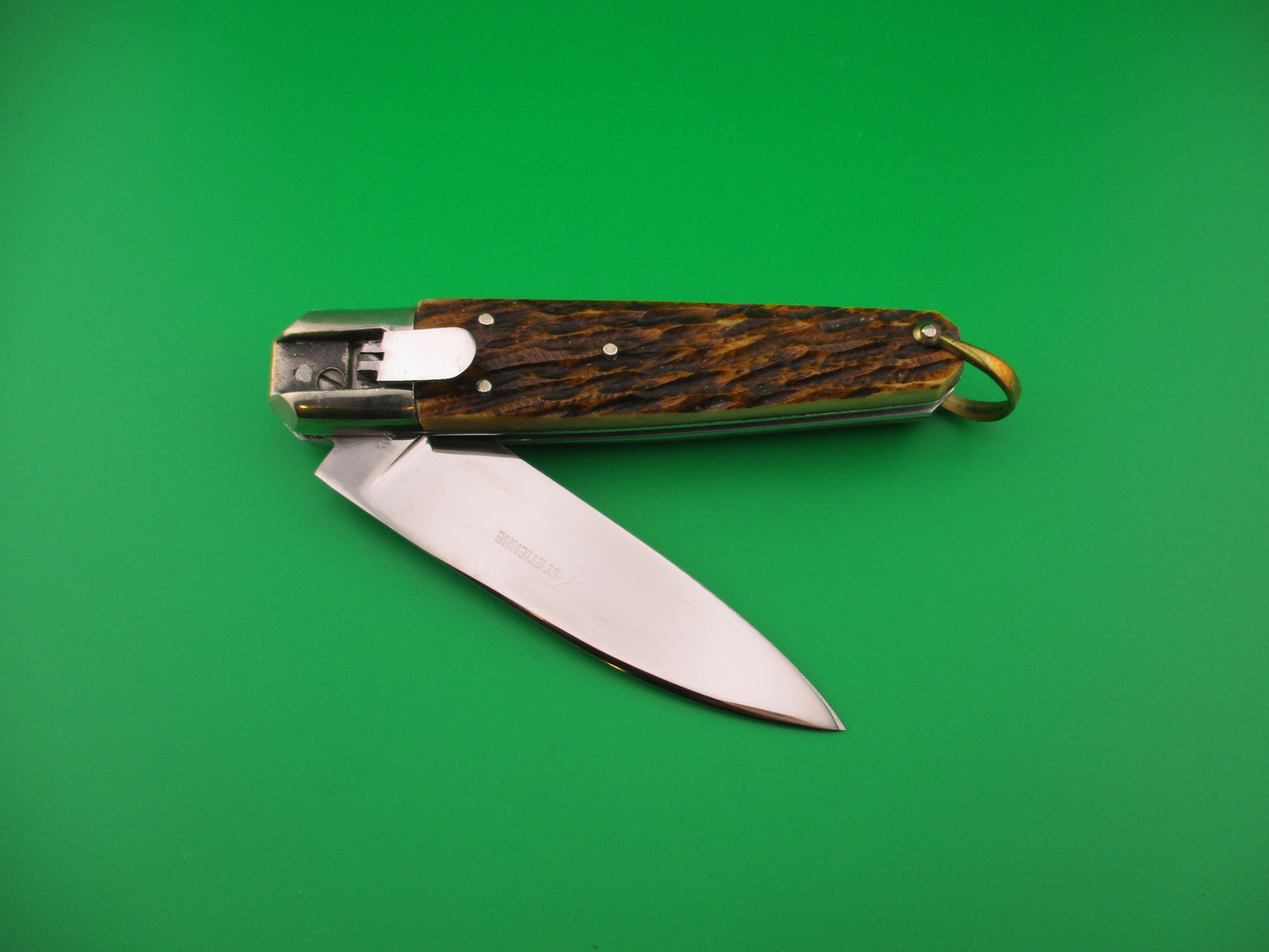 ST ETIENNE INOX 23cm French Coffin Lever Jigged bone vintage automatic knife