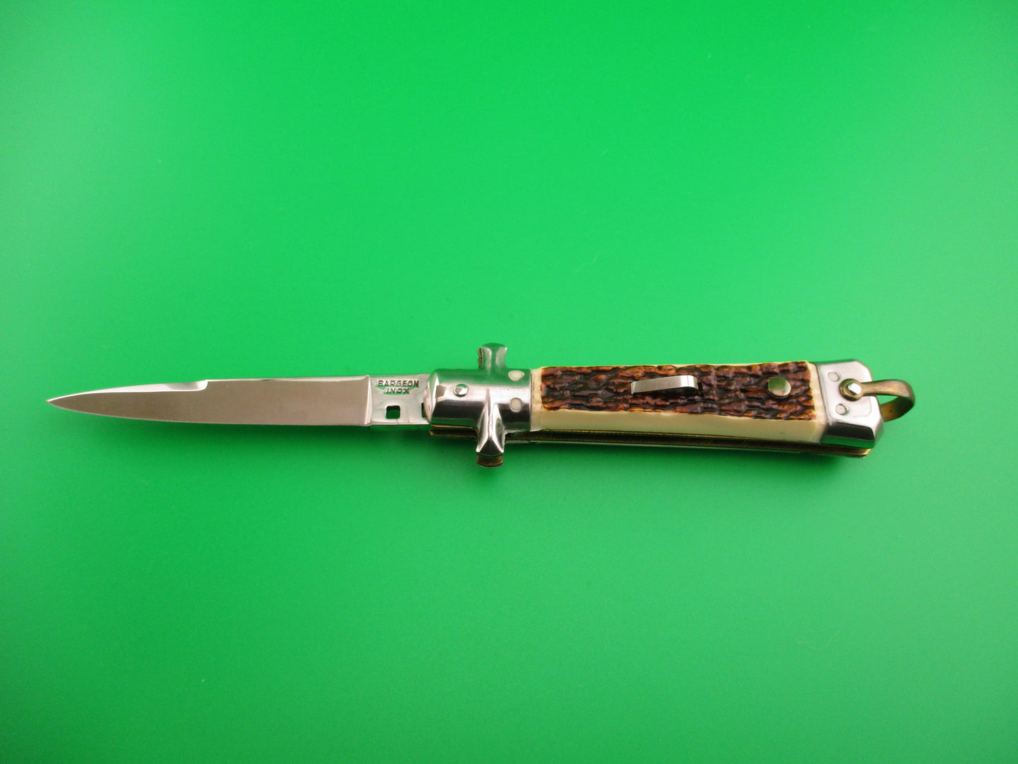 BARGEON INOX 19cm French Crossguard Imitation Stag automatic knife w lanyard ring