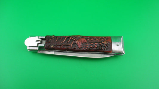 FES ROSTFREI 19cm German Lever Knife Antlered Deer Faux Red Stag switchblade