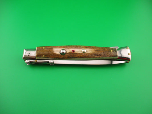 AKC ITALY 28cm Dagger Grind Stag Swing Guard lockback Red Dot automatic knife