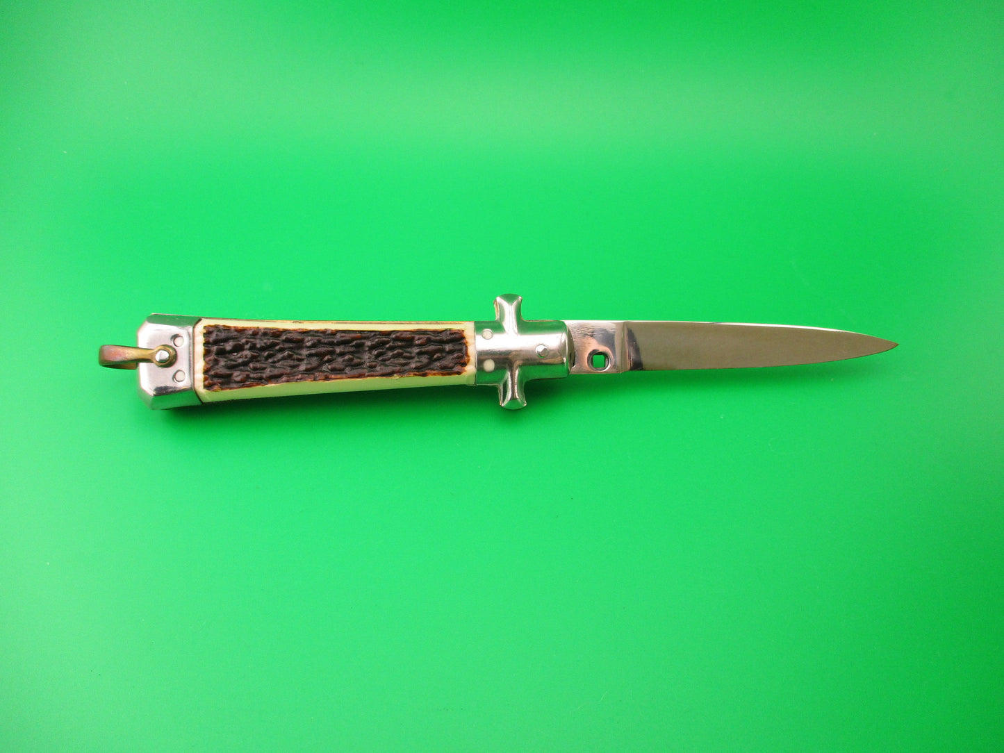 BARGEON INOX 19cm French Crossguard Imitation Stag automatic knife w lanyard ring