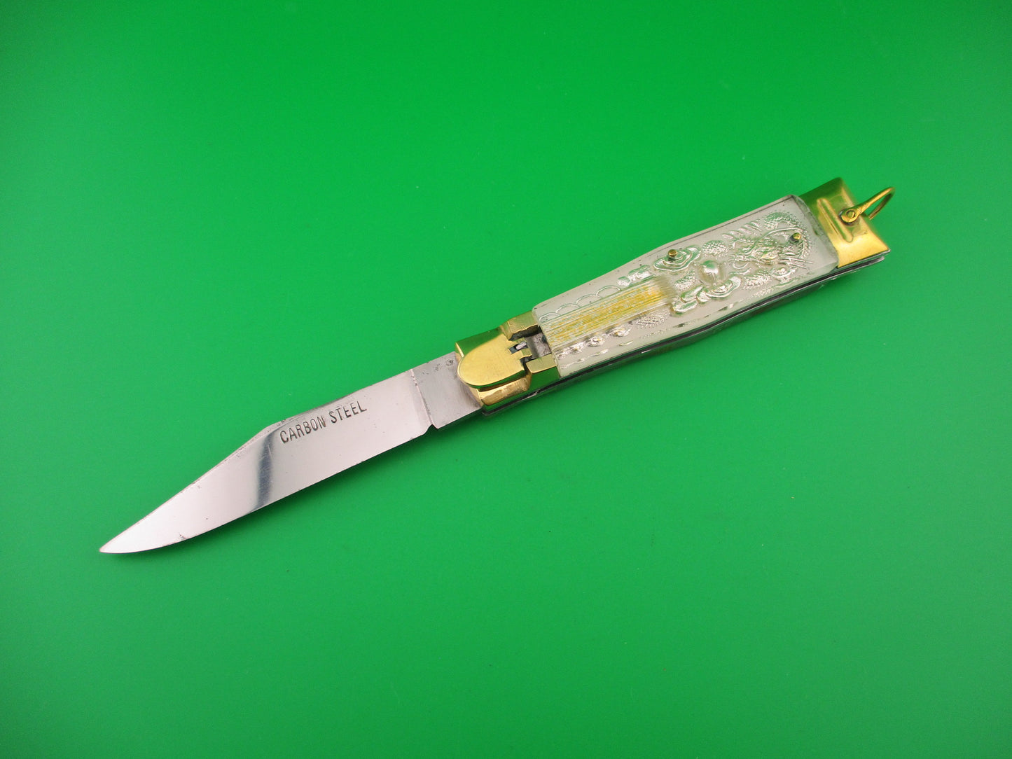 CARBON STEEL 19cm Bullfighter Dragon vintage White Lever switchblade knife