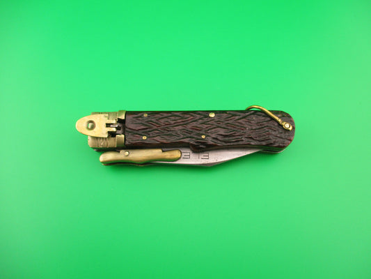 ELEX 20cm Japanese vintage Lever swing guard jigged bone & brass automatic knife