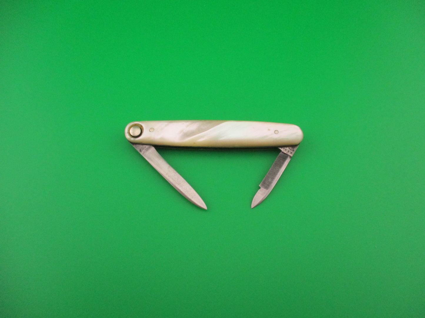 Foldable knife with a decorative handle on a green background