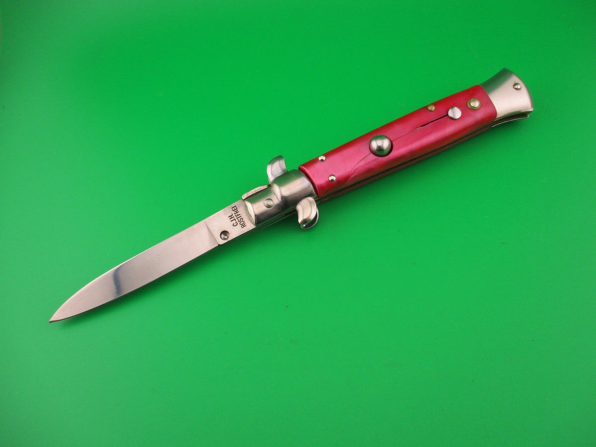 CJH ROSTFREI 21cm Italian Swivel bolster Red acrylic automatic knife Germany