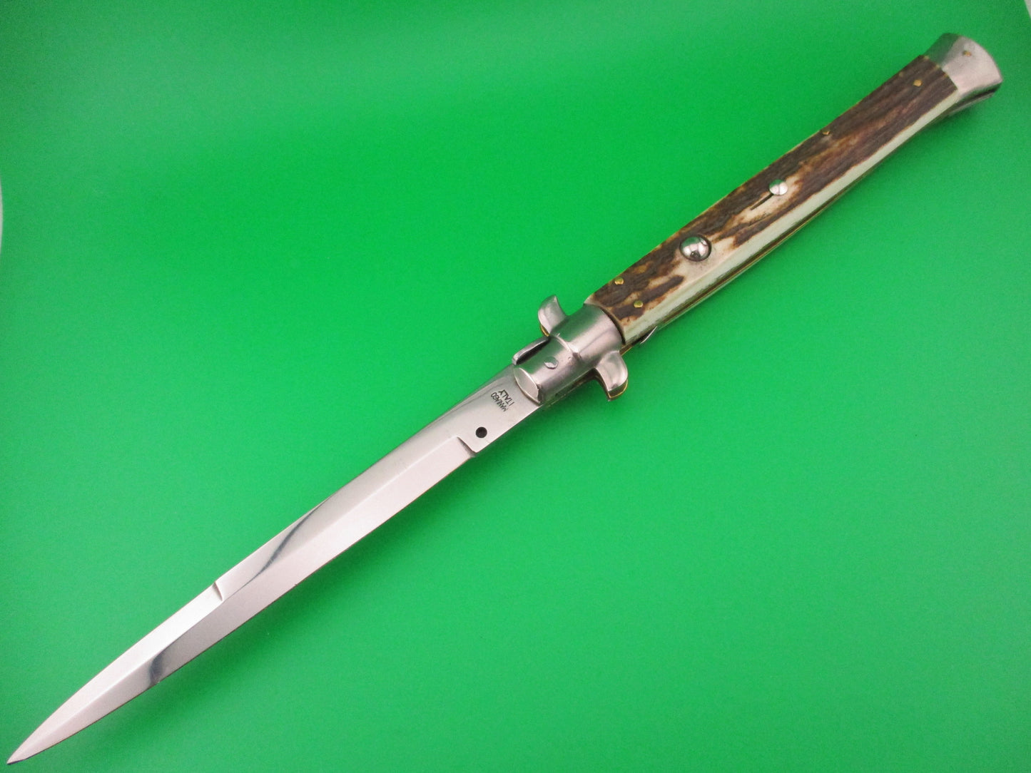 MANIAGO ITALY 33cm Quality Italian Stiletto Stag swivel nickel silver bolsters automatic knife