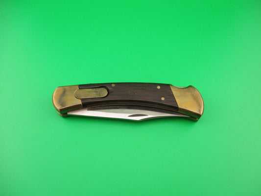 BUCK 110 Clone 8 5/8" Wood & Brass Clip serrated blade automatic knife