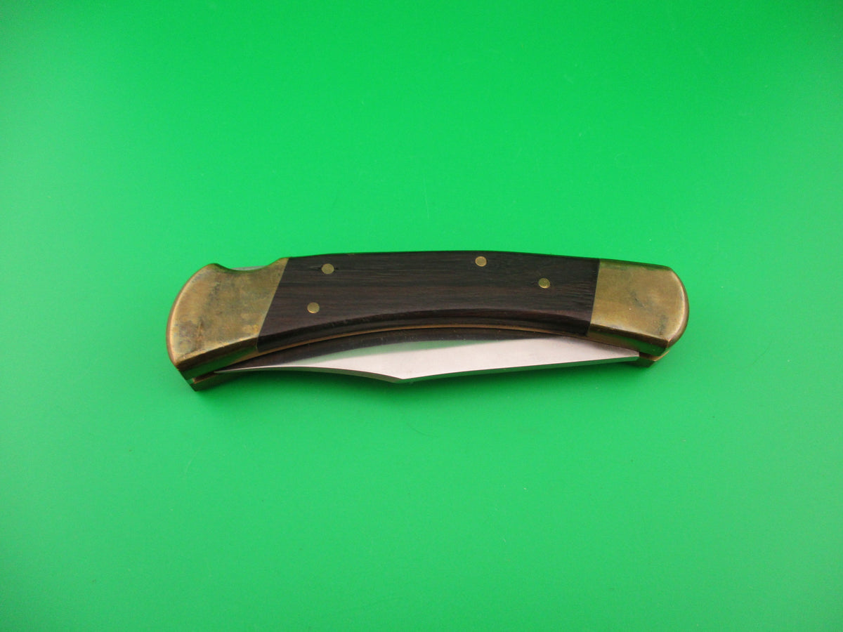 BUCK 110 Clone 8 5/8" Wood & Brass Clip serrated blade automatic knife