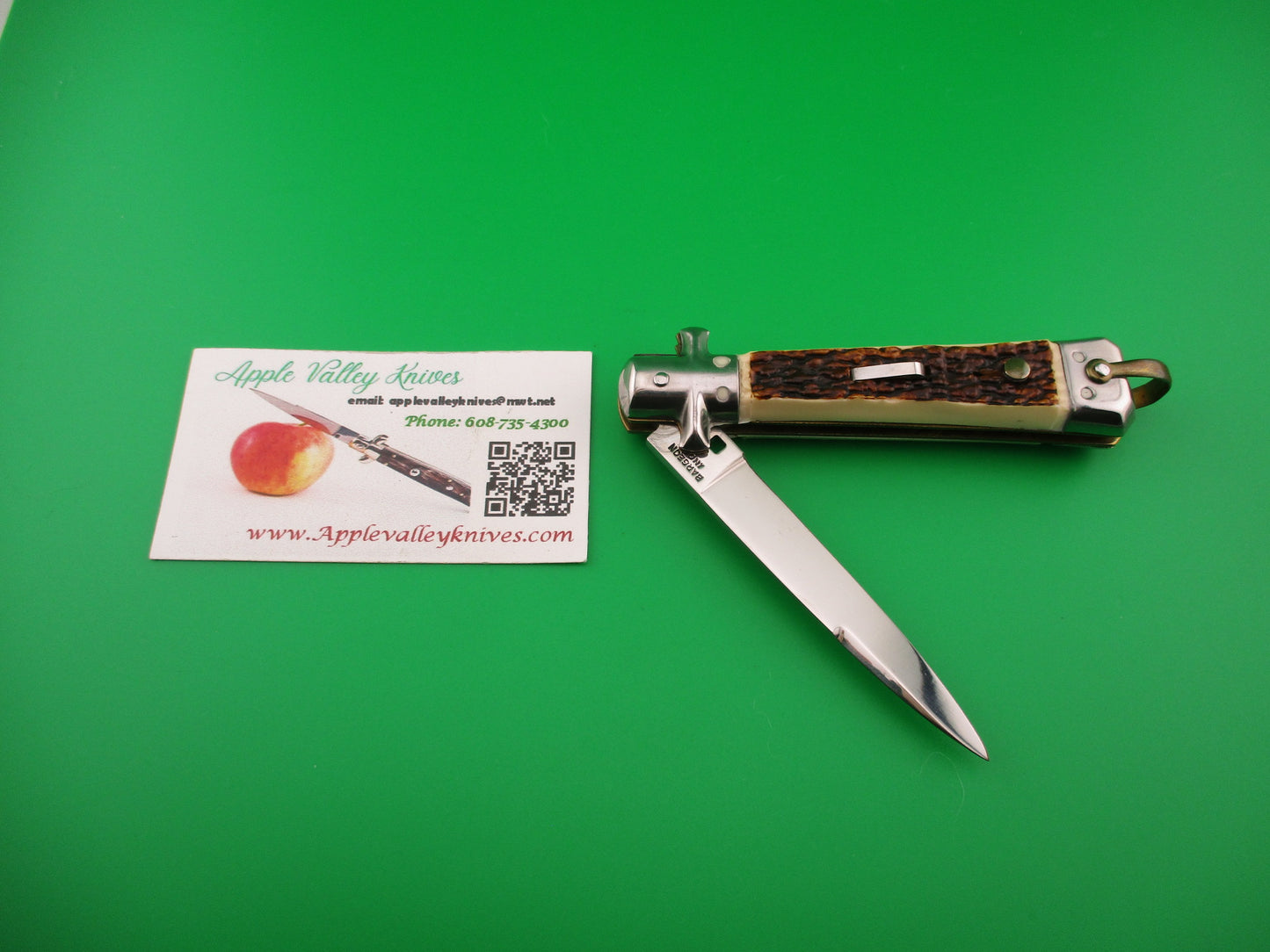 BARGEON INOX 19cm French Crossguard Imitation Stag automatic knife w lanyard ring