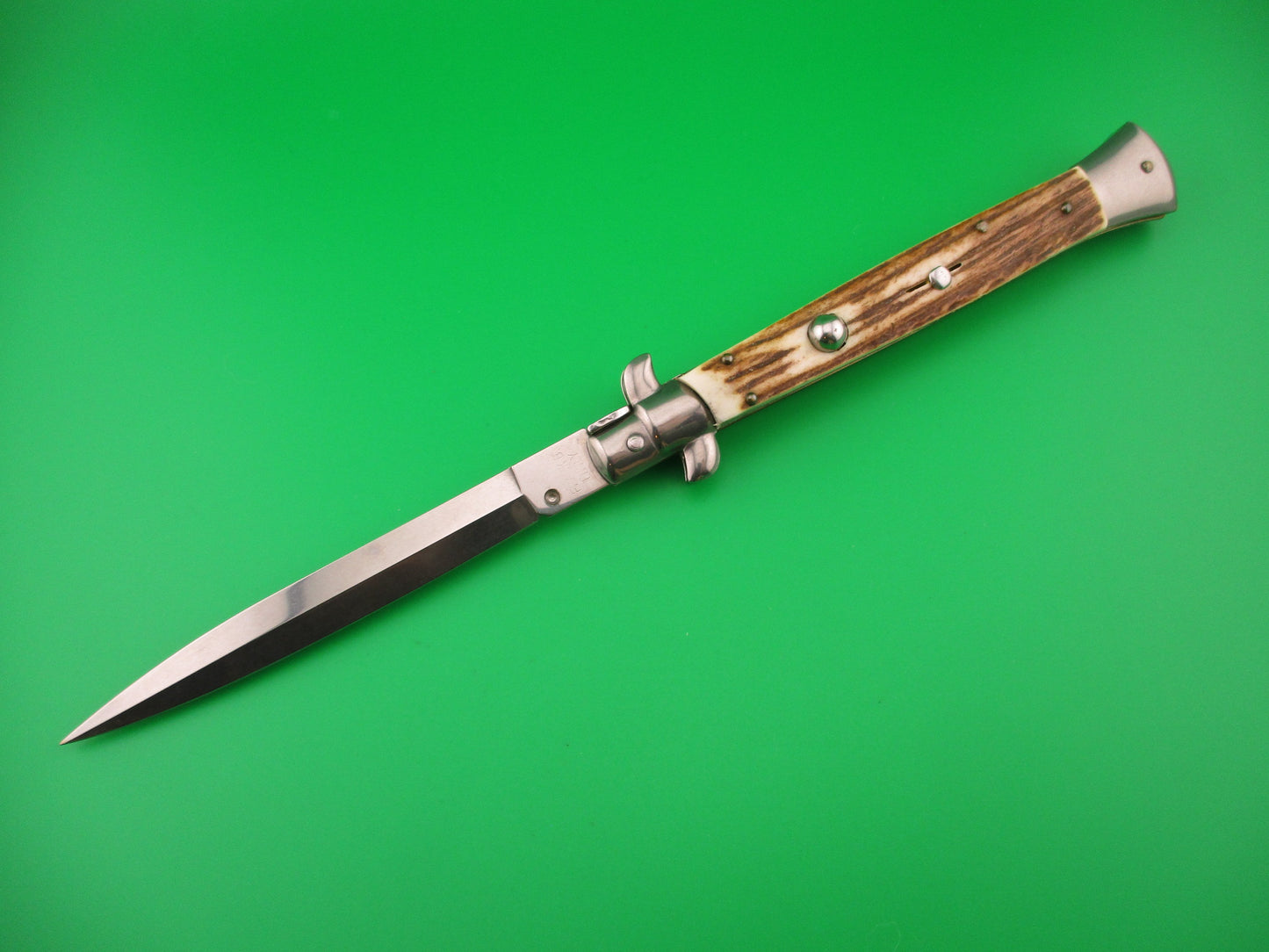 FRANK B ITALY 28cm Italian Stiletto Stag Swivel bolster Dagger blade automatic knife