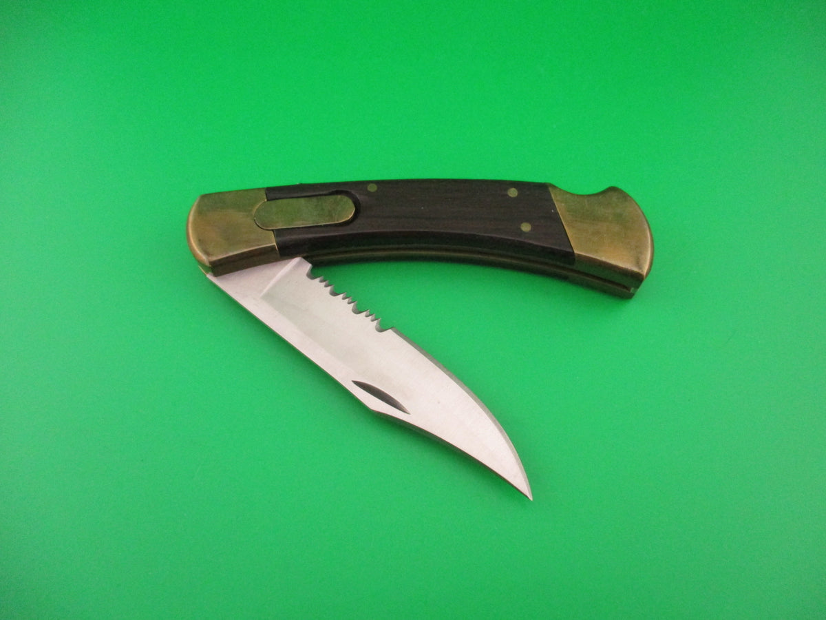 BUCK 110 Clone 8 5/8" Wood & Brass Clip serrated blade automatic knife