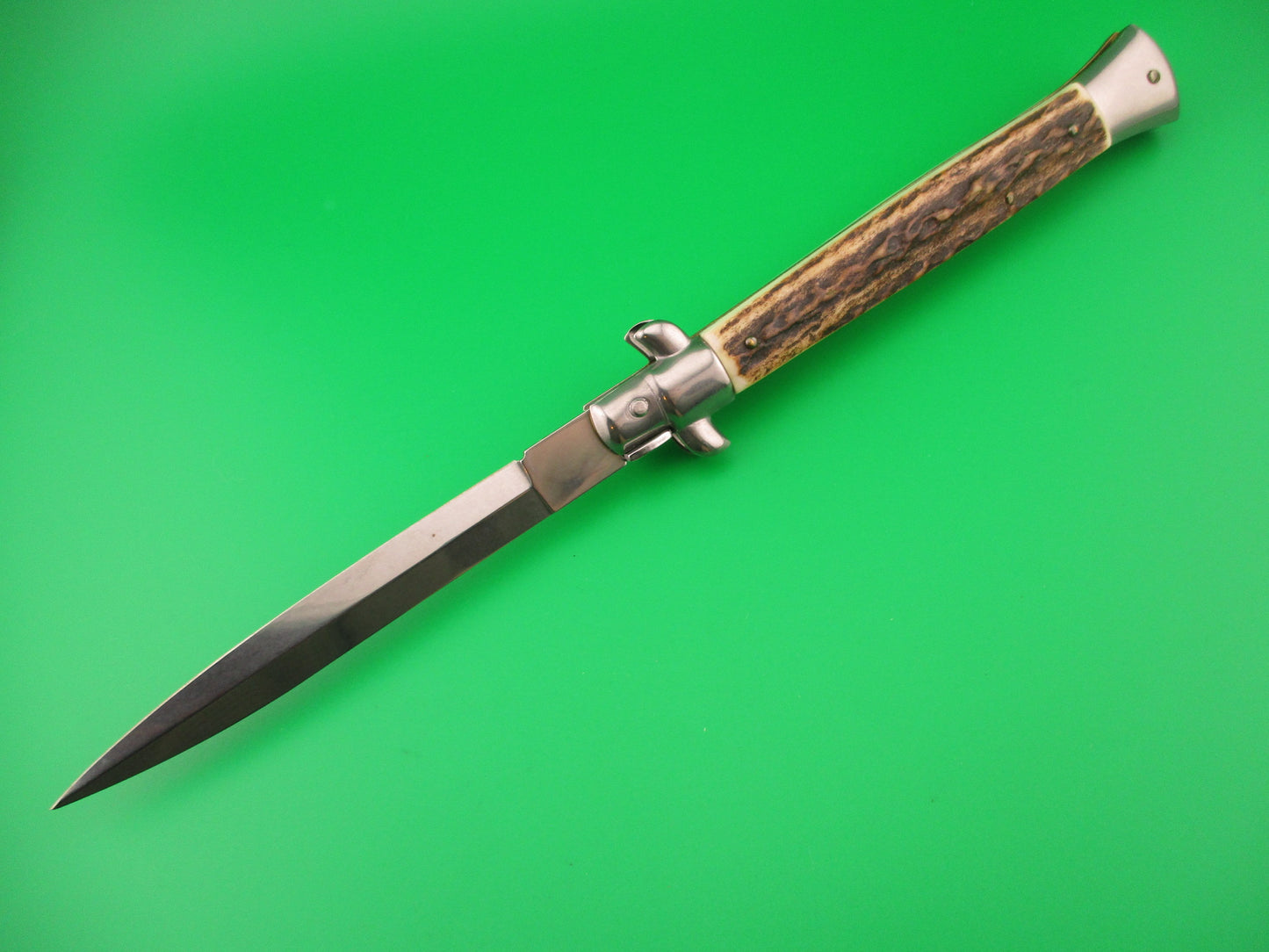 FRANK B ITALY 28cm Italian Stiletto Stag Swivel bolster Dagger blade automatic knife