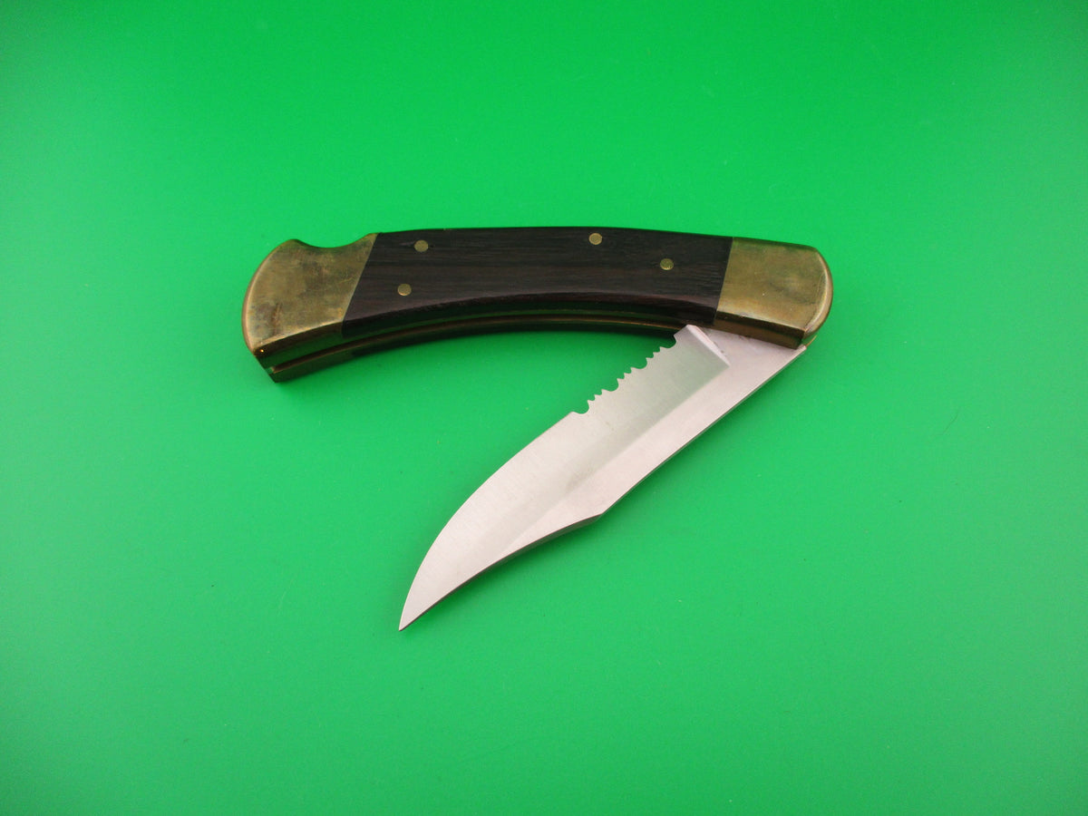 BUCK 110 Clone 8 5/8" Wood & Brass Clip serrated blade automatic knife