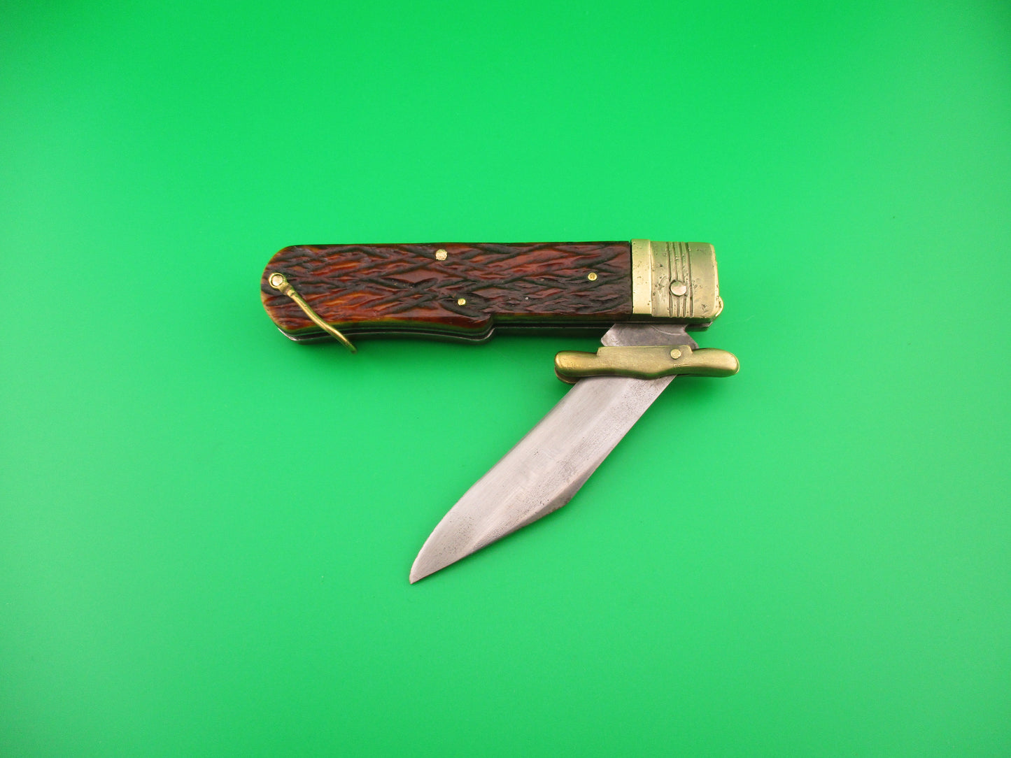 ELEX 20cm Japanese vintage Lever swing guard jigged bone & brass automatic knife