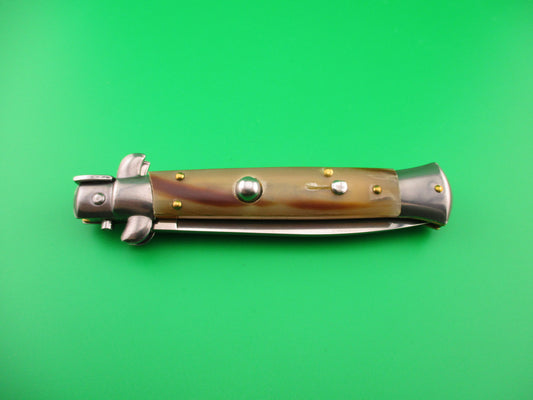 FRANK B 23cm Italian Stiletto Light Honey & Caramel horn swivel bolster automatic knife