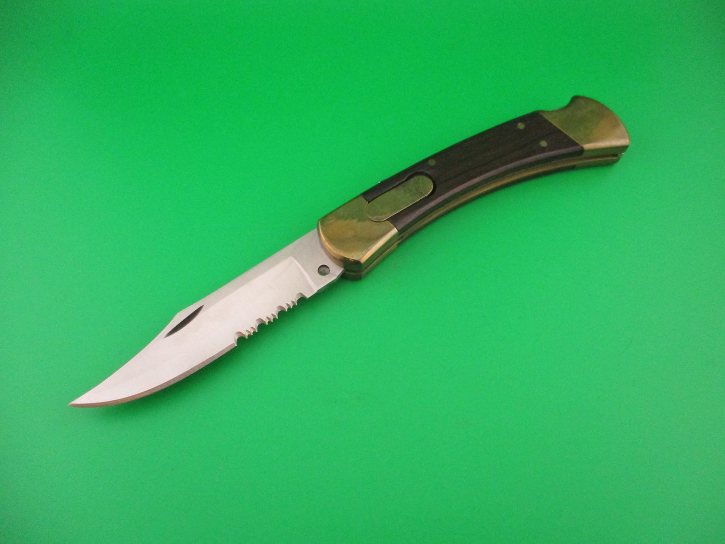BUCK 110 Clone 8 5/8" Wood & Brass Clip serrated blade automatic knife