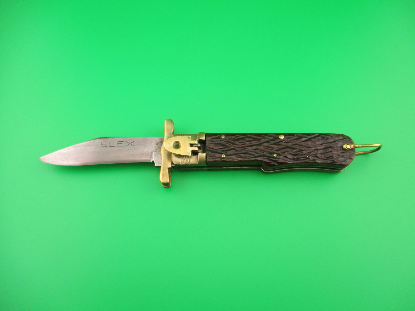 ELEX 20cm Japanese vintage Lever swing guard jigged bone & brass automatic knife