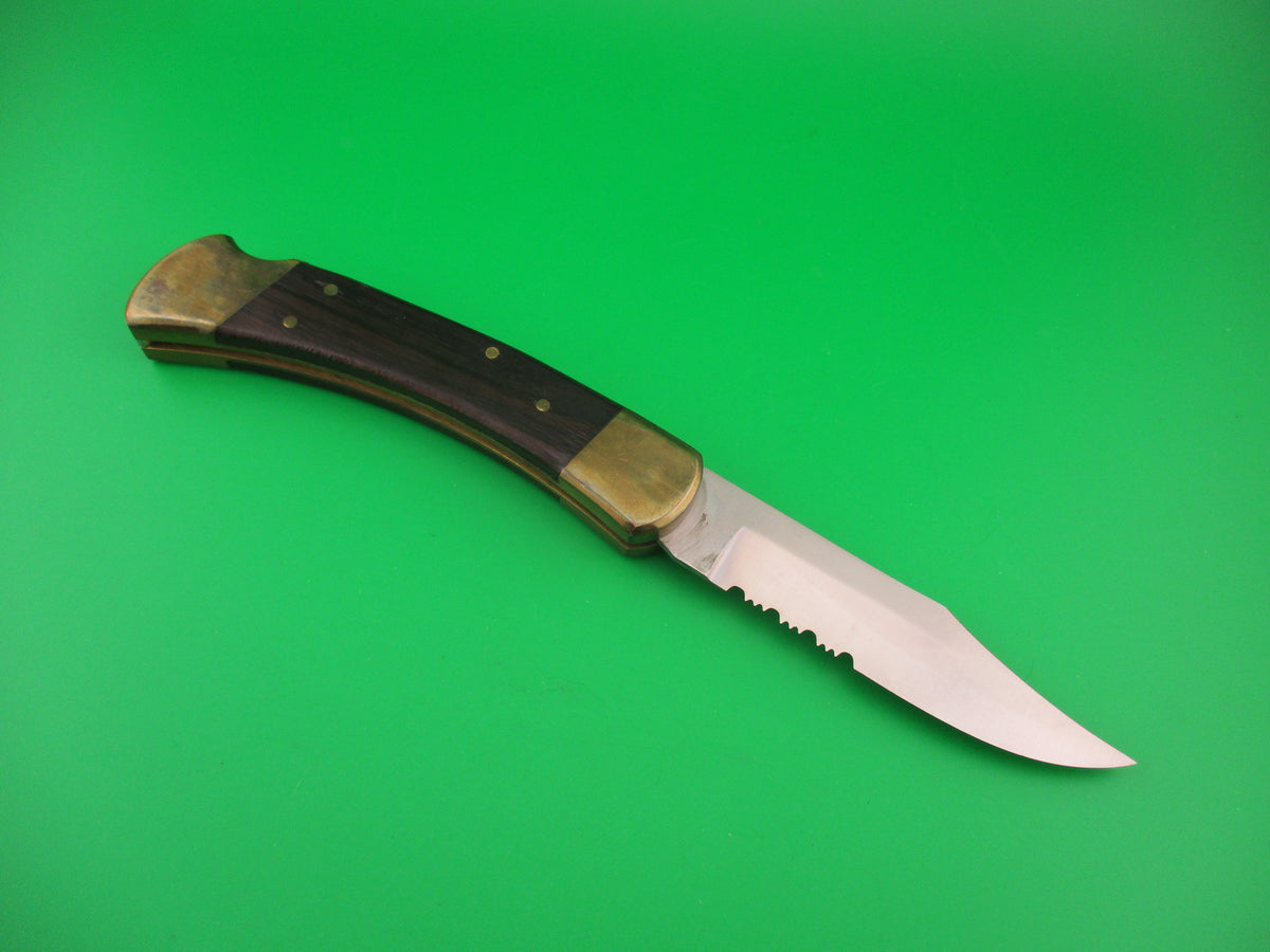 BUCK 110 Clone 8 5/8" Wood & Brass Clip serrated blade automatic knife