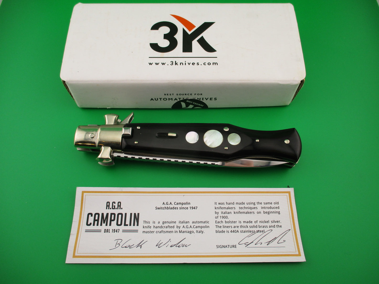AGA CAMPOLIN 29cm Italian BLACK WIDOW Fulcrum Wasp Square button MOP automatic knife