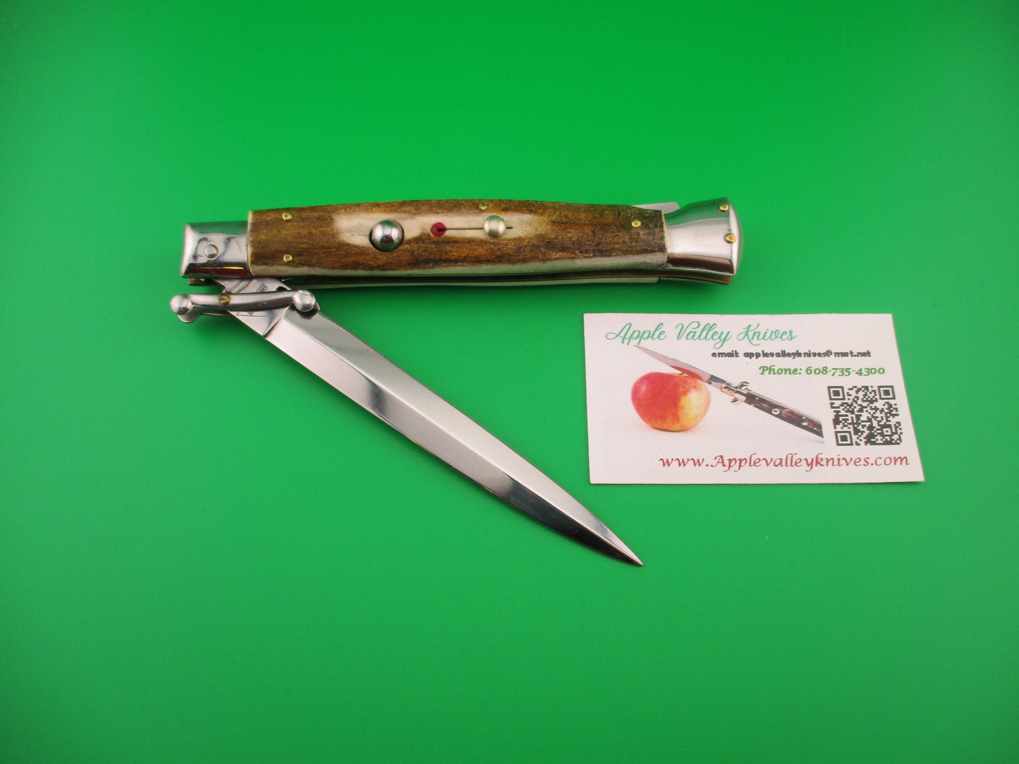 AKC ITALY 28cm Dagger Grind Stag Swing Guard lockback Red Dot automatic knife