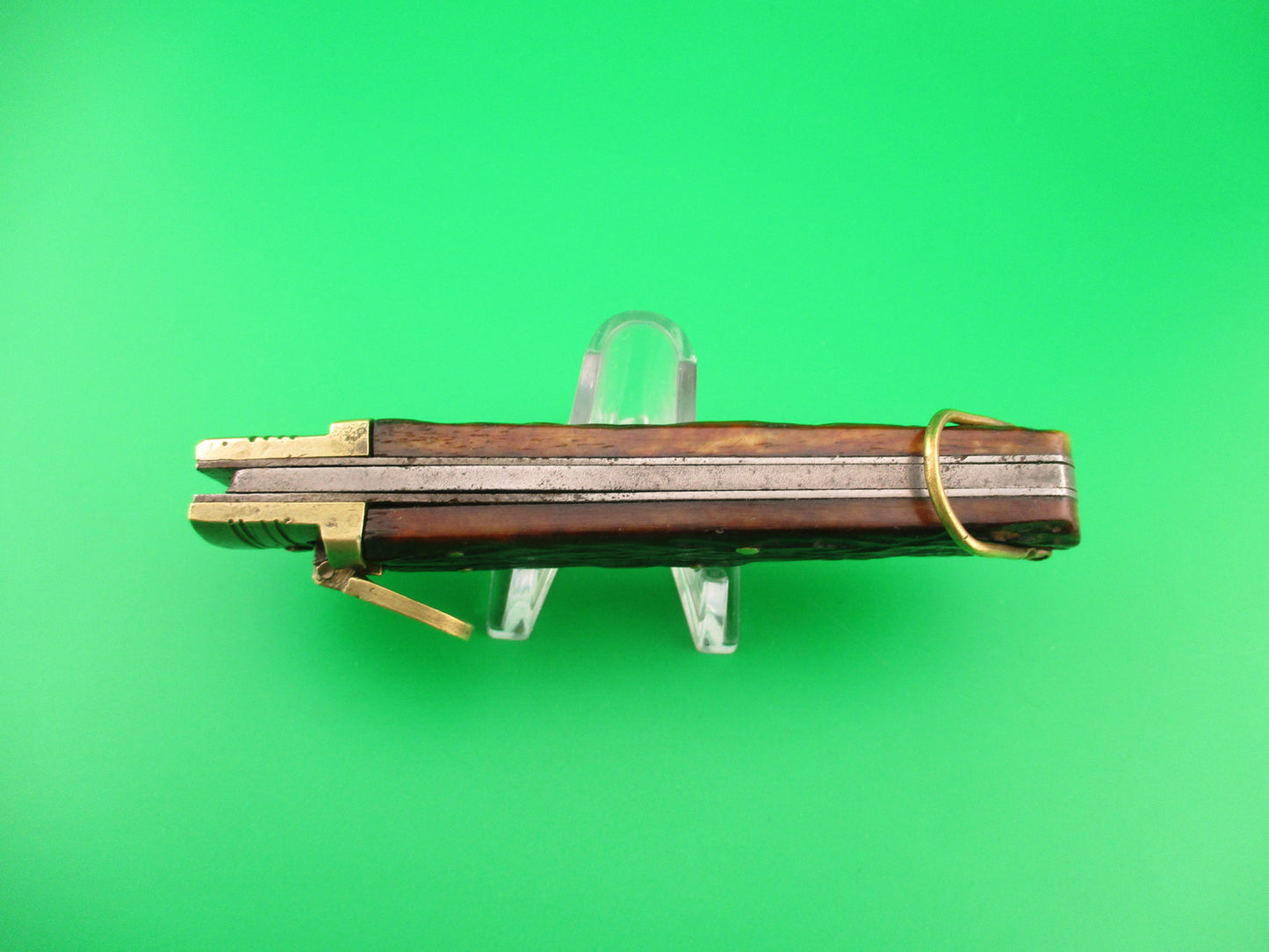 ELEX 20cm Japanese vintage Lever swing guard jigged bone & brass automatic knife