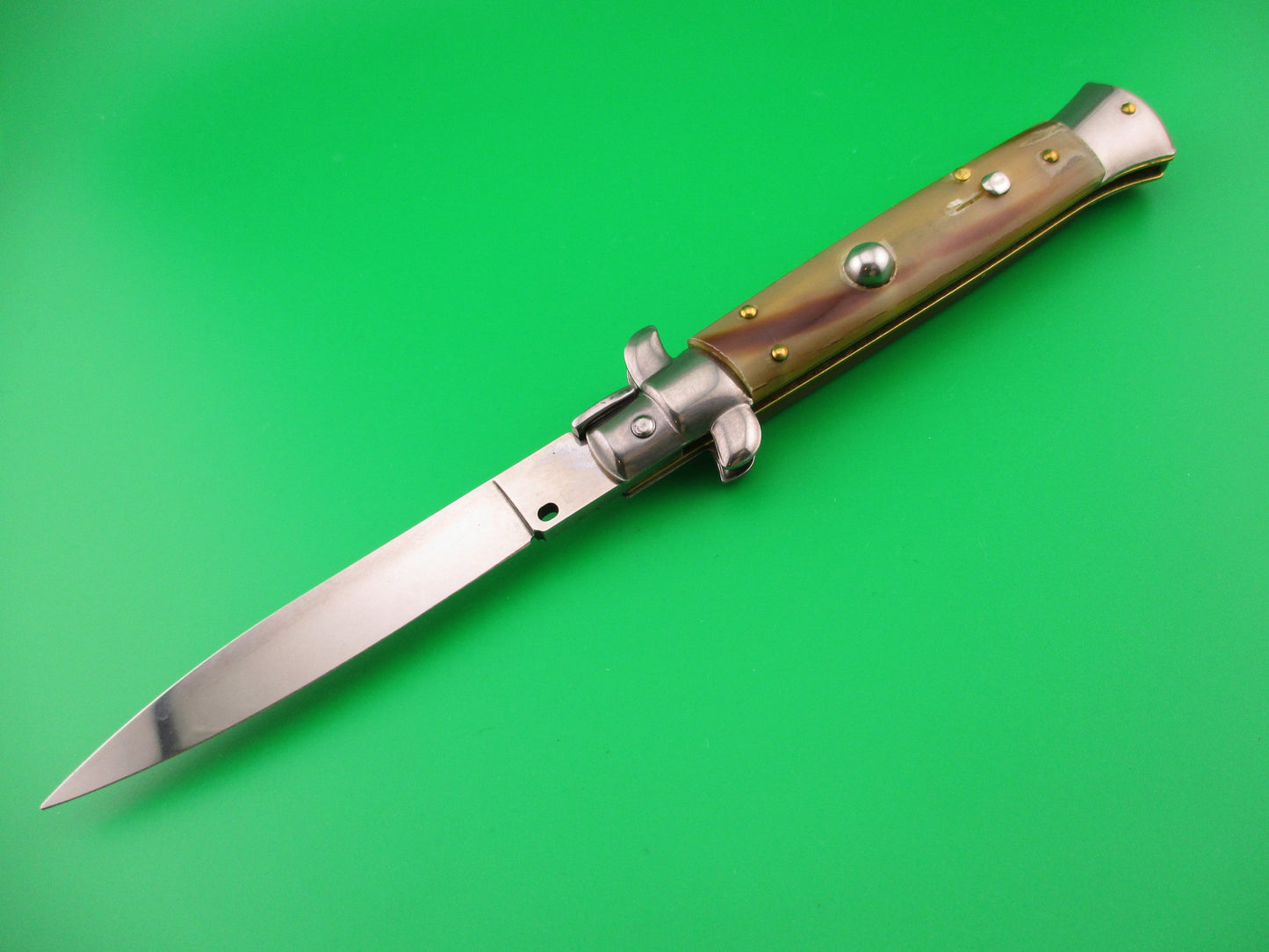 FRANK B 23cm Italian Stiletto Light Honey & Caramel horn swivel bolster automatic knife