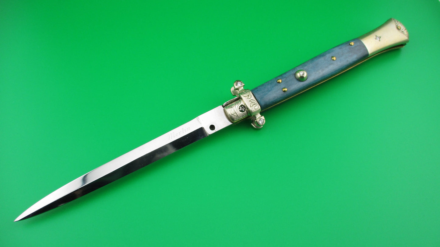 Merlin (Don Hall) 11 inch Custom made Picklock Blue bone & diamonds automatic knife