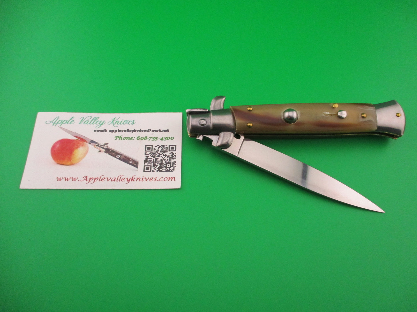 FRANK B 23cm Italian Stiletto Light Honey & Caramel horn swivel bolster automatic knife