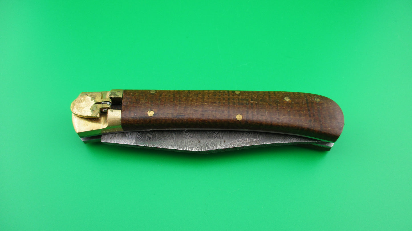 Damascus Wood Brass 23cm Lever Automatic knife with hand made leather case