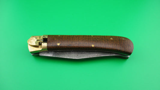 Damascus Wood Brass 23cm Lever Automatic knife with hand made leather case