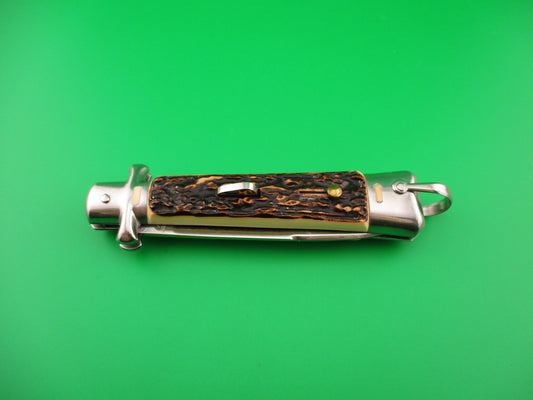 BARGEON INOX 22cm French Crossguard Imitation Stag automatic knife w lanyard ring