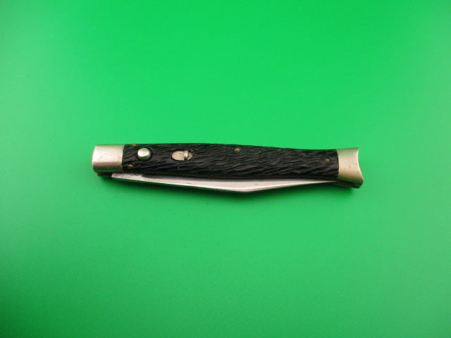 SCHRADE WALDEN NY USA #151 Fishtail Black Stagged vintage automatic knife w bolsters