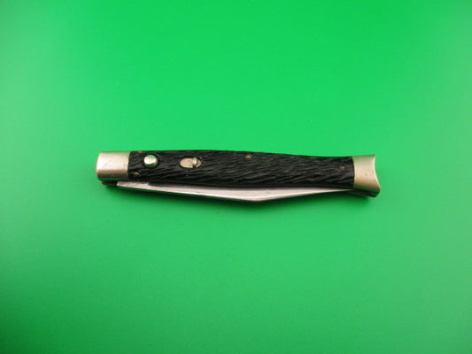 SCHRADE WALDEN NY USA #151 Fishtail Black Stagged vintage automatic knife w bolsters