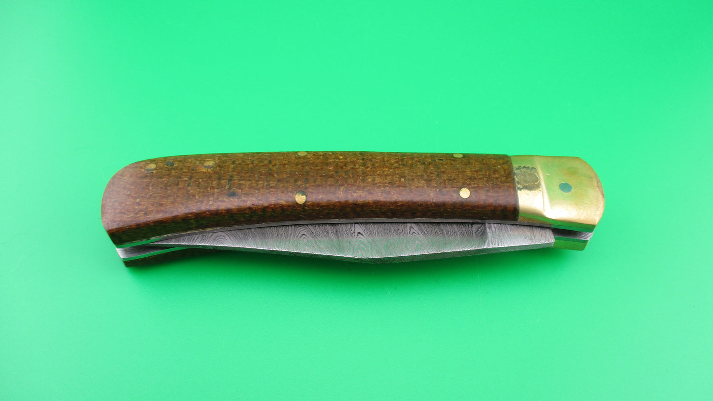 Damascus Wood Brass 23cm Lever Automatic knife with hand made leather case