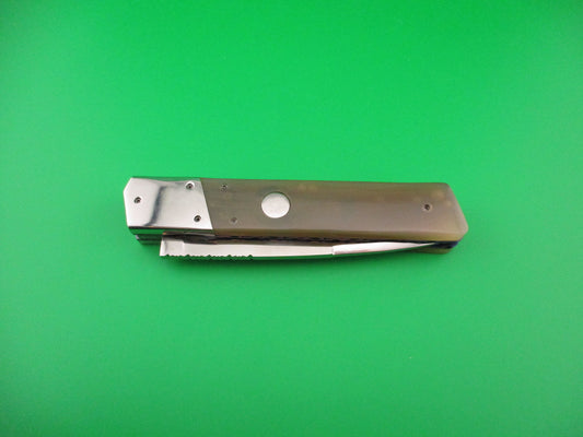 Custom 23cm Round flush button Spear swedge Honey horn w filework automatic knife