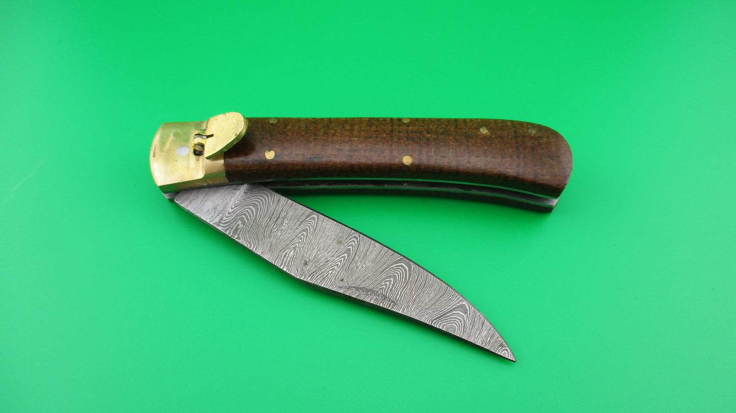 Damascus Wood Brass 23cm Lever Automatic knife with hand made leather case