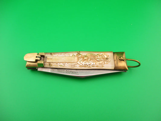 STAINLESS STEEL 19cm Bullfighter Dragon vintage White Lever switchblade knife