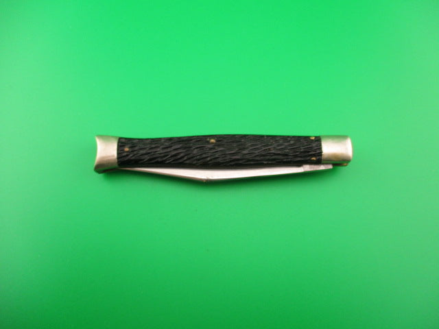 SCHRADE WALDEN NY USA #151 Fishtail Black Stagged vintage automatic knife w bolsters