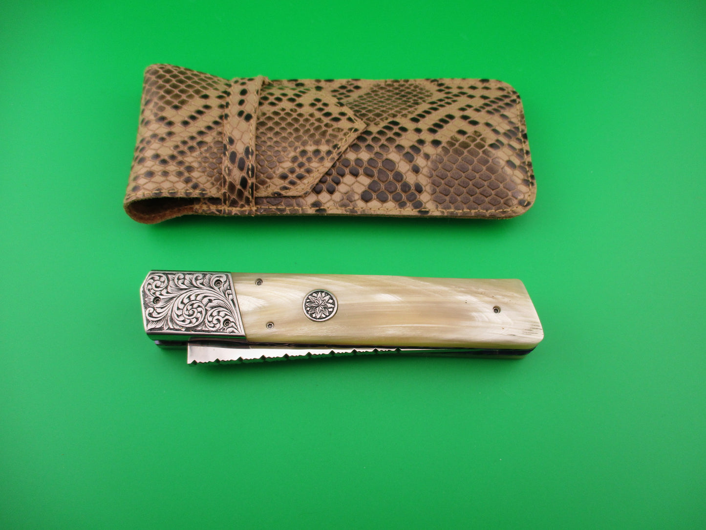 Custom Hand MADE 23cm Engraved Tanto Light Horn Automatic Knife by Afaaq