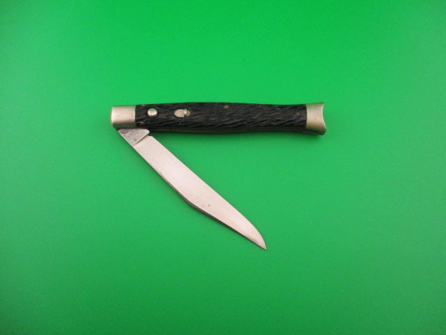 SCHRADE WALDEN NY USA #151 Fishtail Black Stagged vintage automatic knife w bolsters