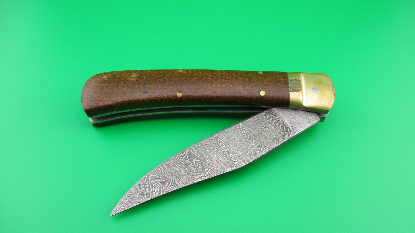 Damascus Wood Brass 23cm Lever Automatic knife with hand made leather case